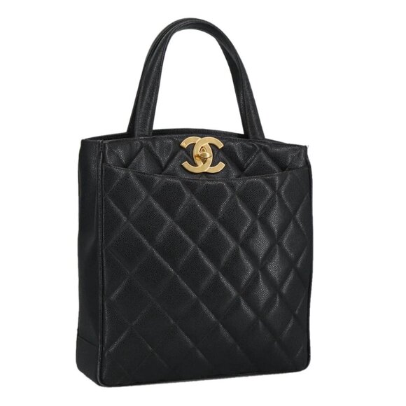 CHANEL Matelasse Hand Bag Grained Calf Skin Black CC Auth 101307A - Picture 1 of 16